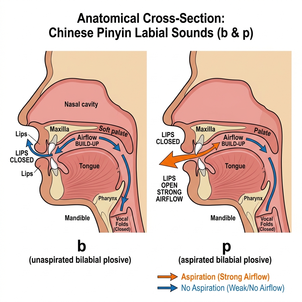 Sơ đồ khẩu hình Âm Môi Bilabial (b, p, m)